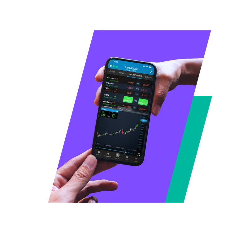 Hands holding a smartphone displaying the VEXI mobile trading app. The screen shows the commodities watch list with an open Gold price candlestick chart and active buy and sell buttons over an abstract purple and teal background.