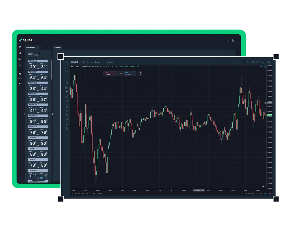 VEXI web trading interface showcasing two dark-mode windows. The background window lists a multi-currency Forex instrument watchlist including AUD/USD and AUD/CAD, while the overlapping foreground panel shows a live 5-minute candlestick chart for the EUR