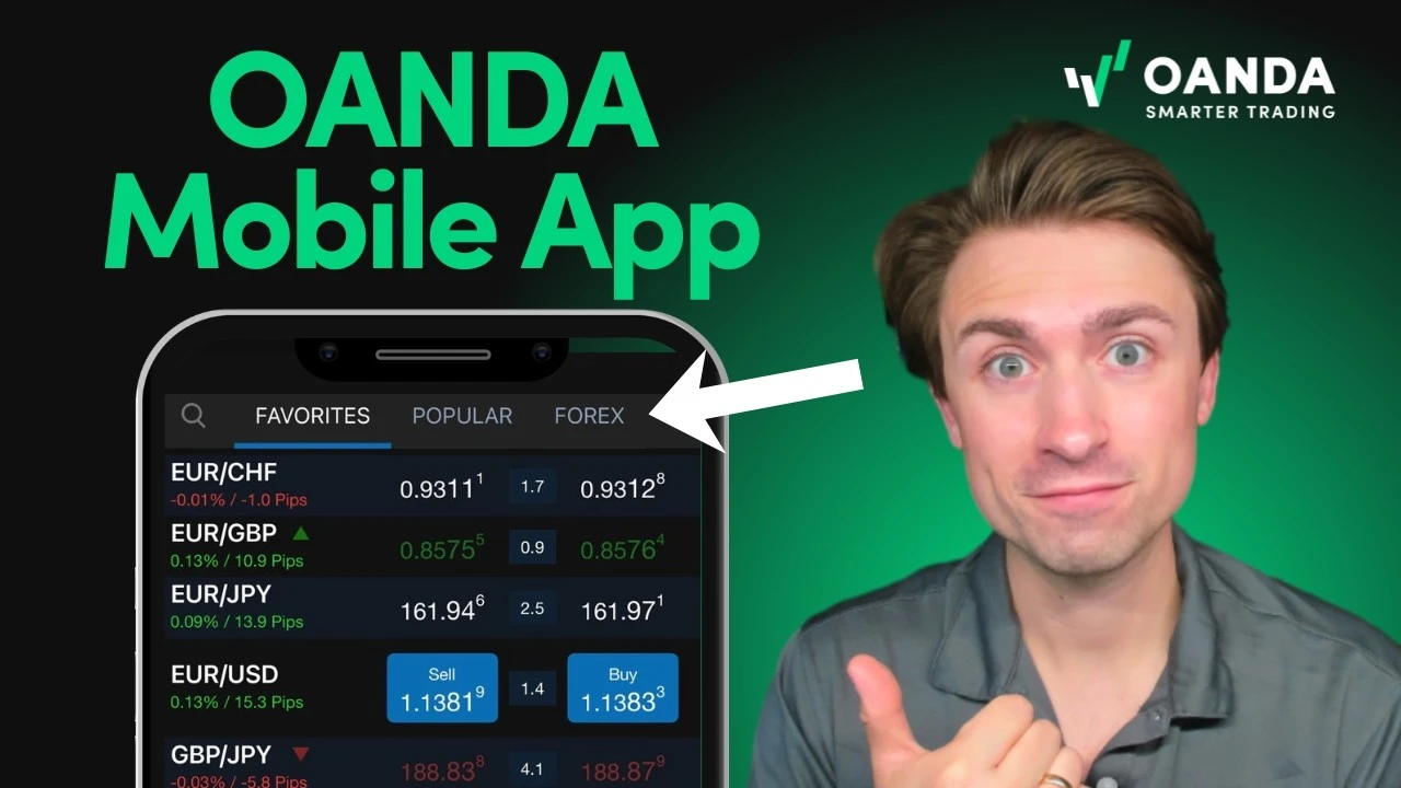 VEXI mobile trading thumbnail with bold green text reading 'VEXI Mobile App'. An expressive presenter points his thumb next to a smartphone interface showing a live Forex watchlist under the 'Favorites' tab with currency pairs like EUR/USD and EUR/GBP,