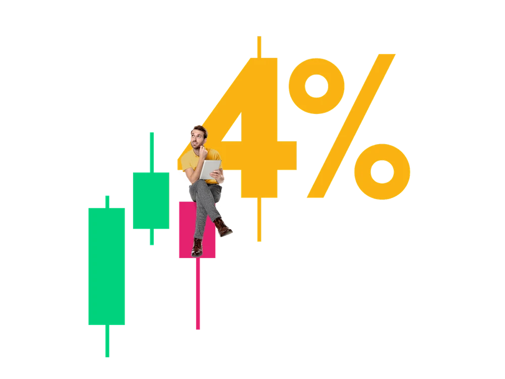 Minimalist graphic featuring a man in a yellow shirt and grey trousers sitting on a pink financial candlestick chart element. He holds a tablet and looks up thoughtfully at a large, vibrant yellow "4%" symbol superimposed over a yellow candlestick. Two gr