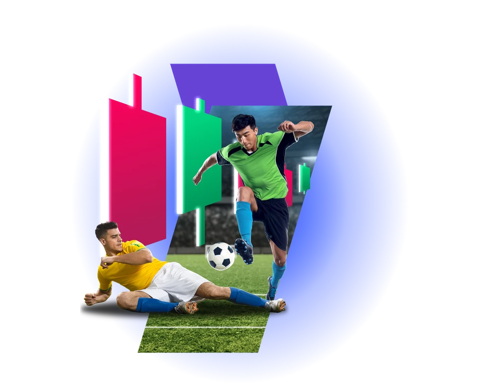 A stylized graphic featuring two soccer players on a pitch. One player in a green and black kit leaps into the air over the ball, while another player in a yellow and white kit makes a sliding tackle. Brightly lit red and green financial candlestick chart